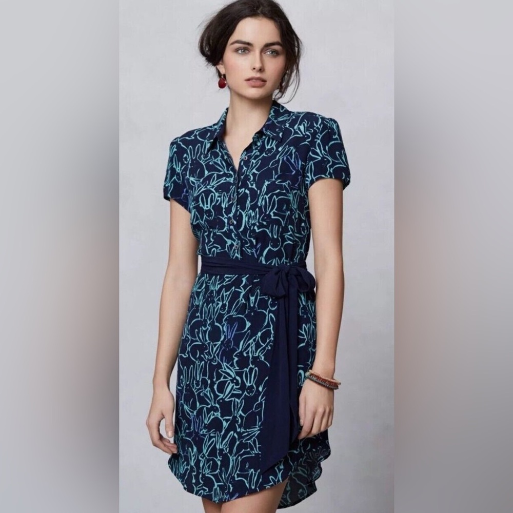 Maeve Anthropologie Shirt Dress Graphic Print Bunny Rabbit Stretch Belted Size 0